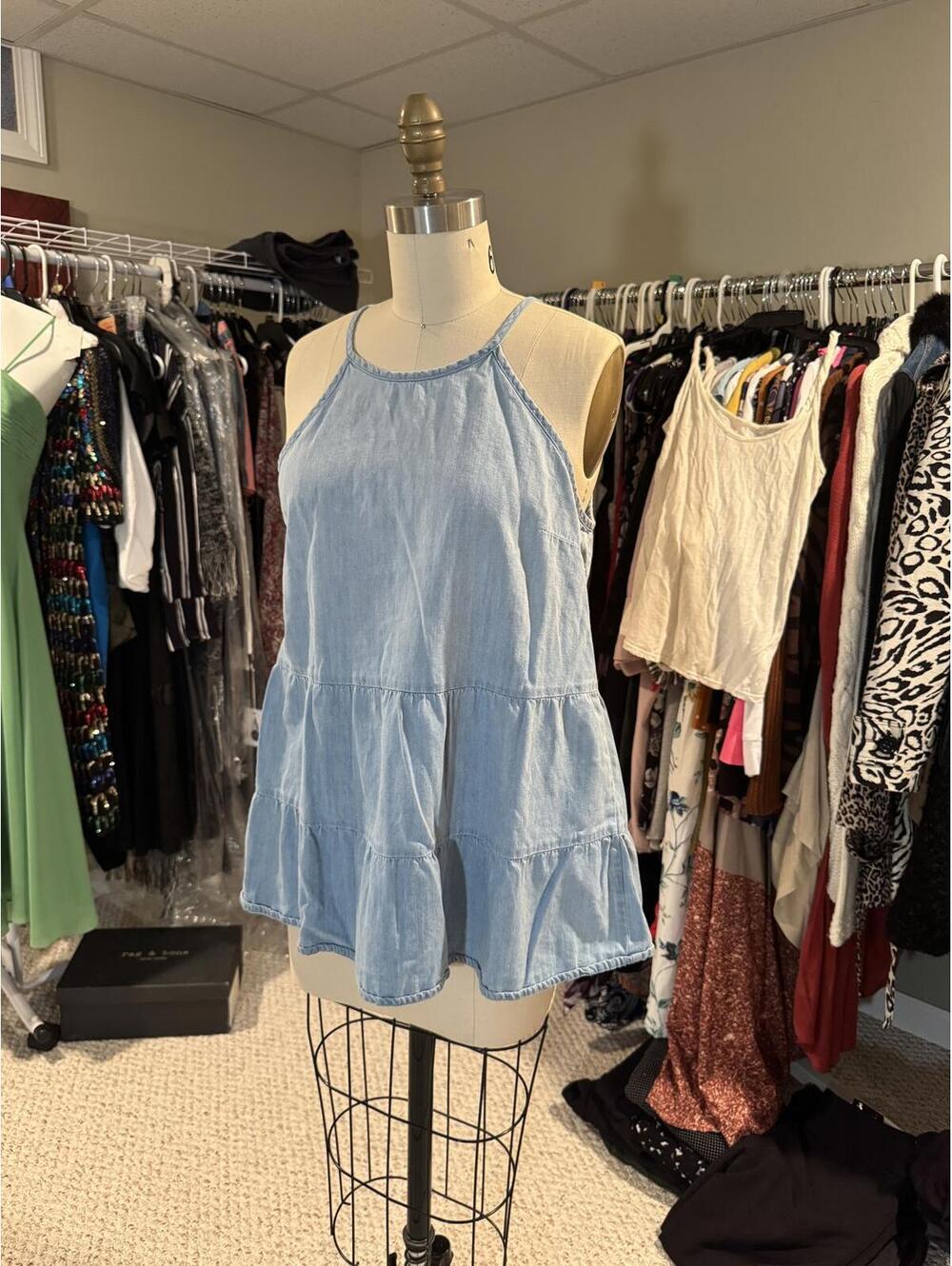 Light Blue Sleeveless Tiered Halter Neck Baby Doll Top - Medium